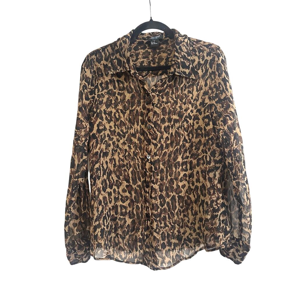 KAREN KANE Sheer Silk Leopard Animal Print Button Down Blouse - Sz Large